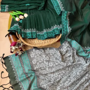 Deep Green & Grey Saree with Turquoise Geometric Border