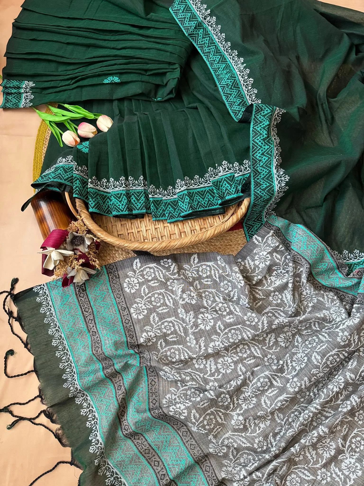 Deep Green & Grey Saree with Turquoise Geometric Border