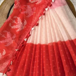 Red & Blush Pink Floral Saree with Tassel Border