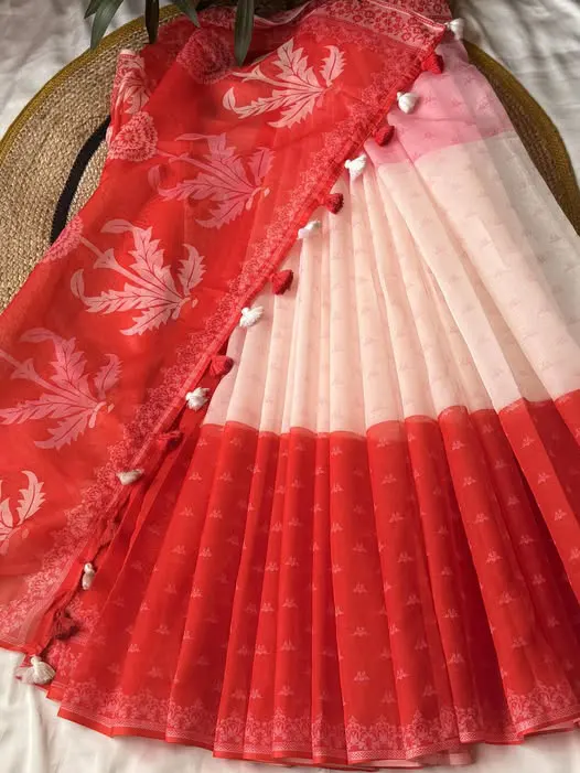 Red & Blush Pink Floral Saree with Tassel Border