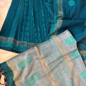 Teal Blue & Grey Saree with Gold Border Detailing