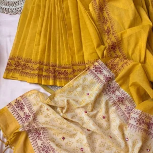 Mustard Yellow Saree with Maroon Floral Border