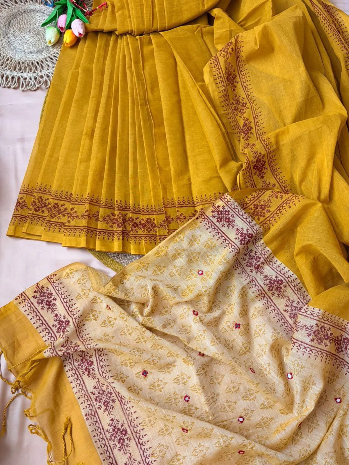 Mustard Yellow Saree with Maroon Floral Border
