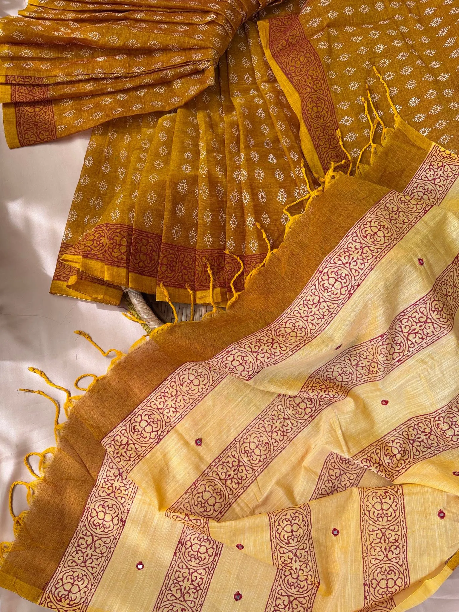 Mustard Golden Saree with Maroon Heritage Border