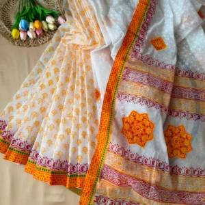 White & Mustard Printed Saree with Traditional Border