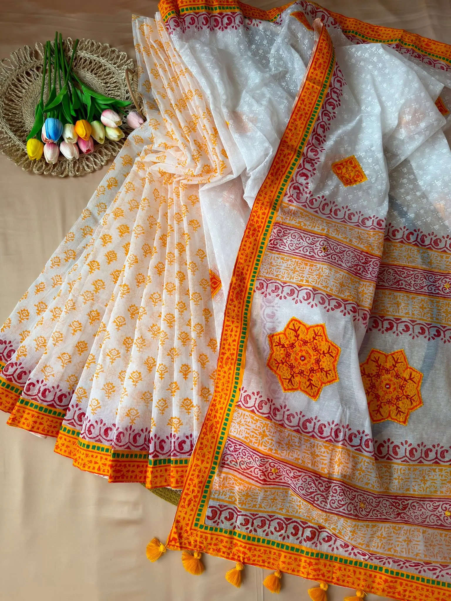 White & Mustard Printed Saree with Traditional Border