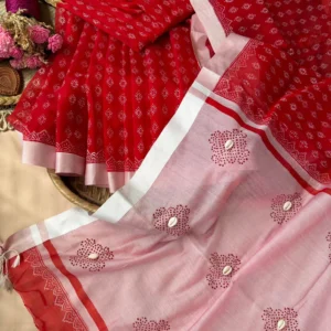 Red & Blush Pink Printed Saree with Shell Detailing