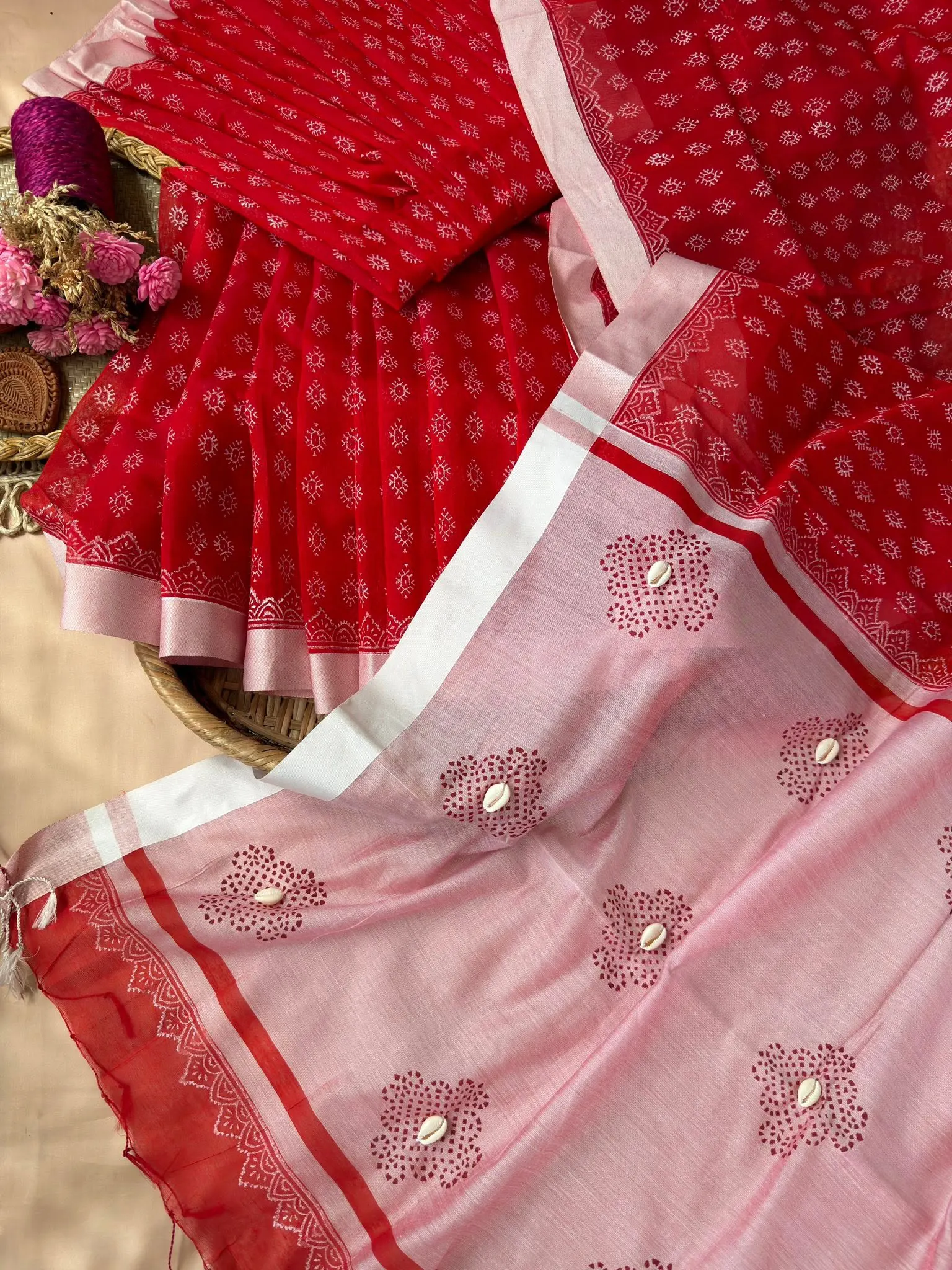 Red & Blush Pink Printed Saree with Shell Detailing
