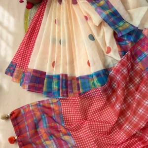 Ivory Polka Dot & Multicolor Check Saree