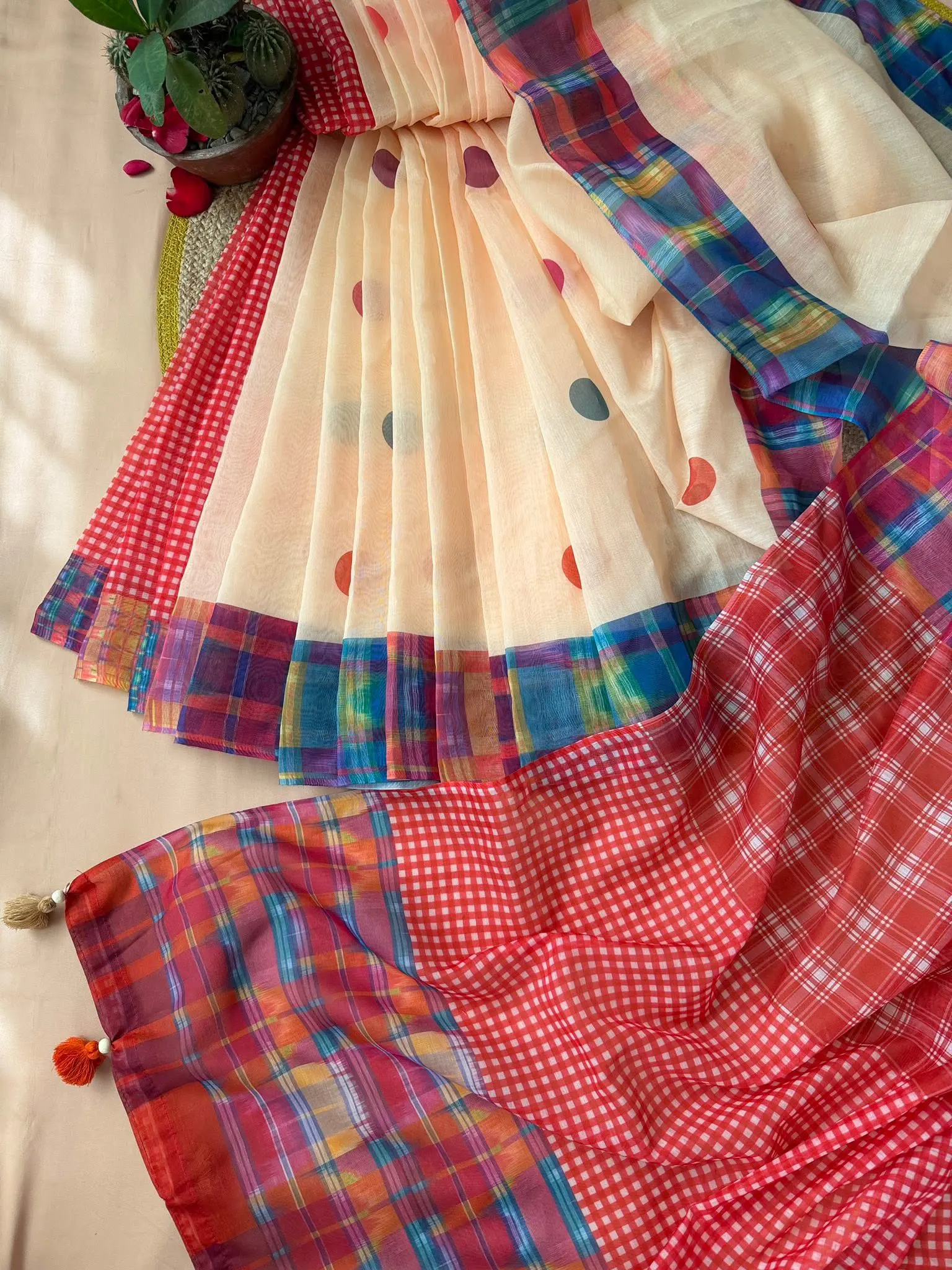 Ivory Polka Dot & Multicolor Check Saree