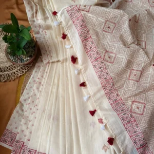 Ivory White Saree with Maroon Floral Border & Tassel Detailing