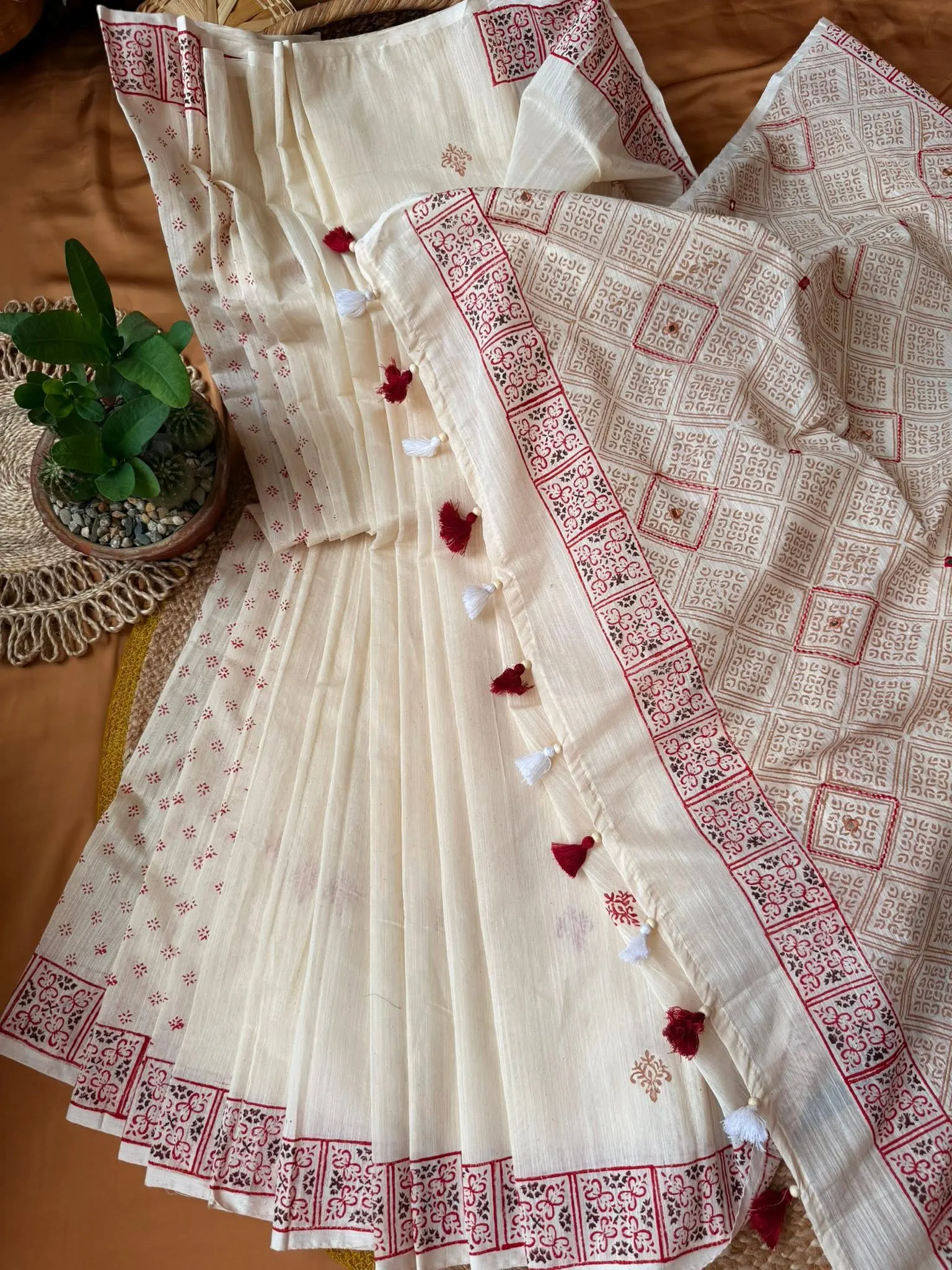 Ivory White Saree with Maroon Floral Border & Tassel Detailing