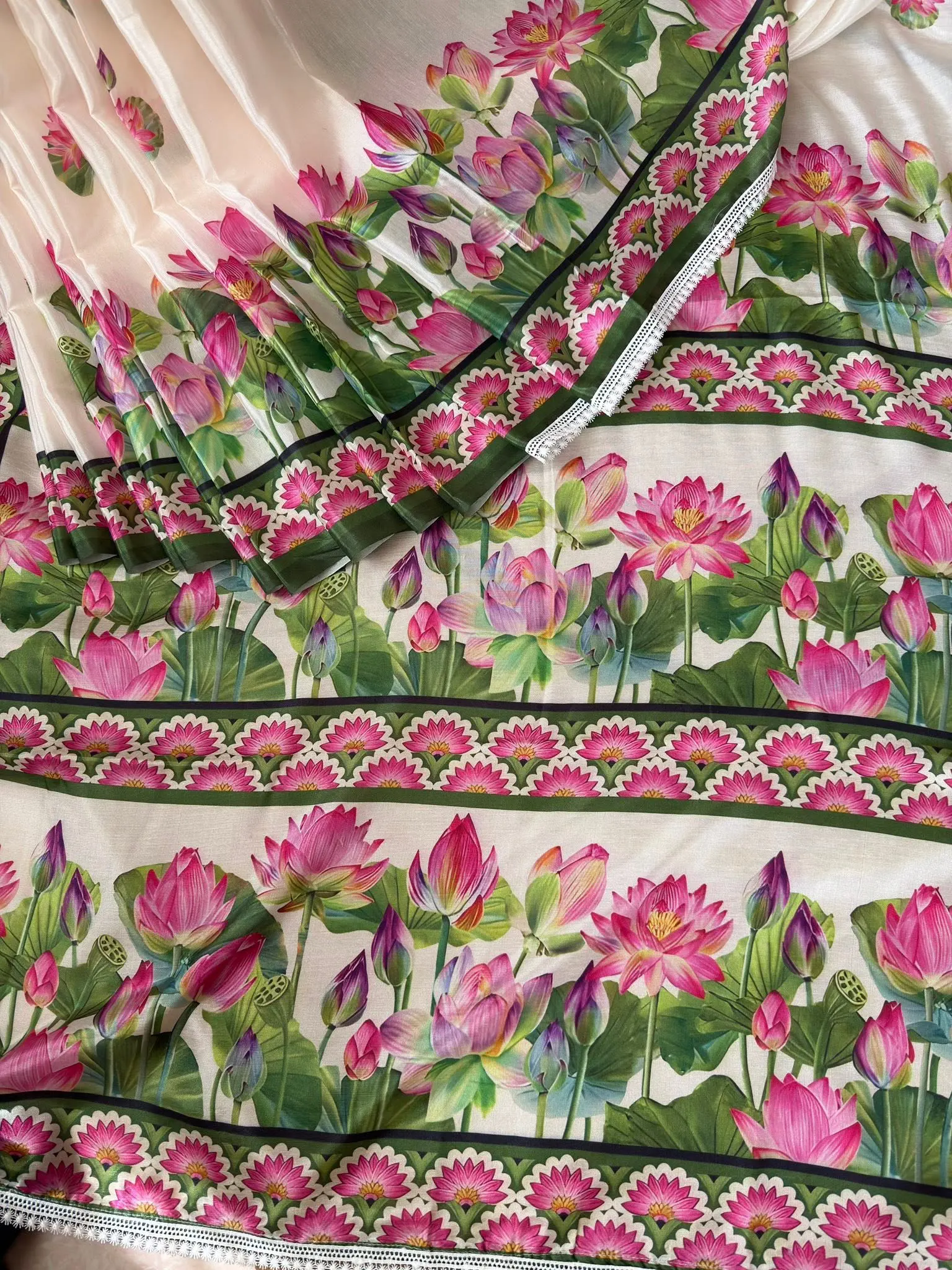 White Lotus Bloom Printed Saree with Green Border