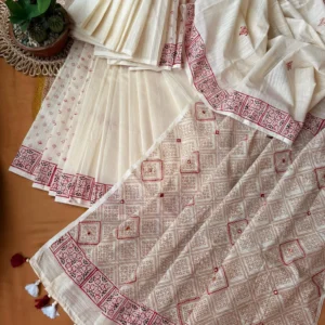 Ivory White Traditional Saree with Maroon Block-Print Border