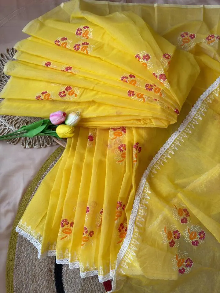 Sunshine Yellow Floral Embroidered Saree - Image 5