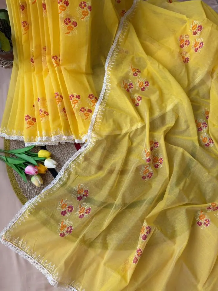 Sunshine Yellow Floral Embroidered Saree - Image 4