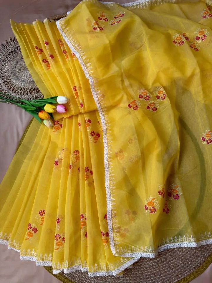 Sunshine Yellow Floral Embroidered Saree