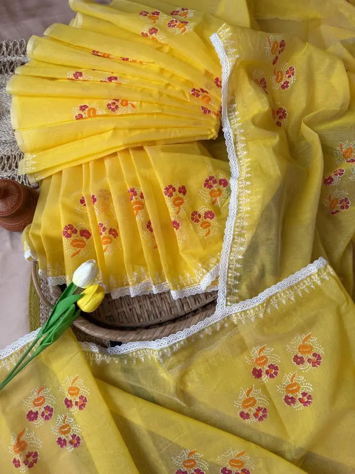 Sunshine Yellow Floral Embroidered Saree - Image 2