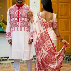 White & Red Printed Couple Saree Set