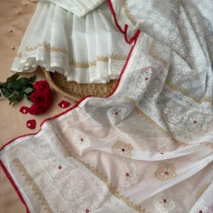 Ivory White Jamdani-Style Saree with Gold & Red Border