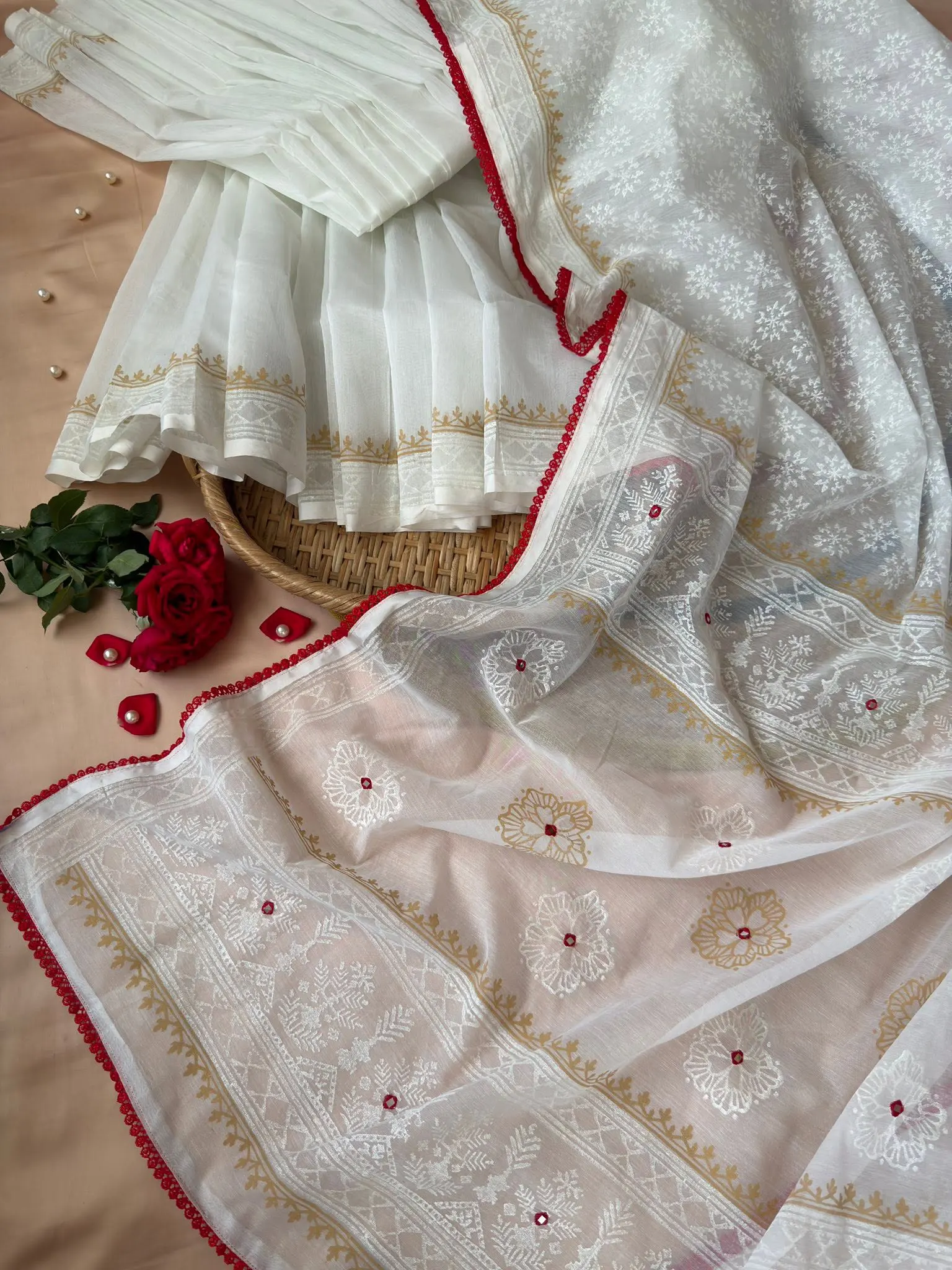 Ivory White Jamdani-Style Saree with Gold & Red Border