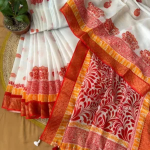 Ivory & Red Paisley Border Saree
