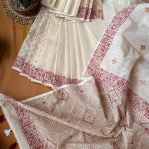 Ivory White Printed Saree with Maroon Floral Border