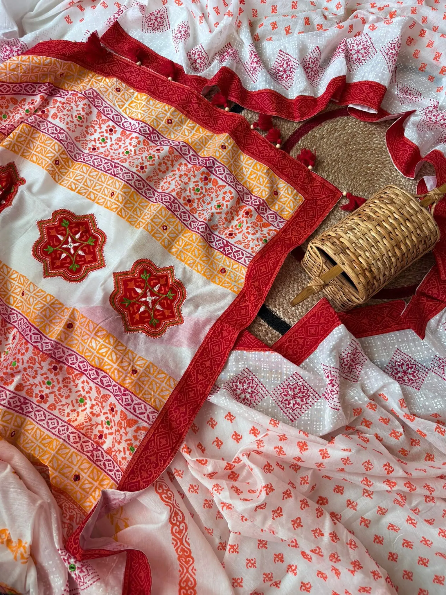 Ivory & Red Heritage Motif Saree