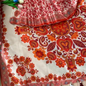 Ivory Floral Printed Saree with Traditional Red Border