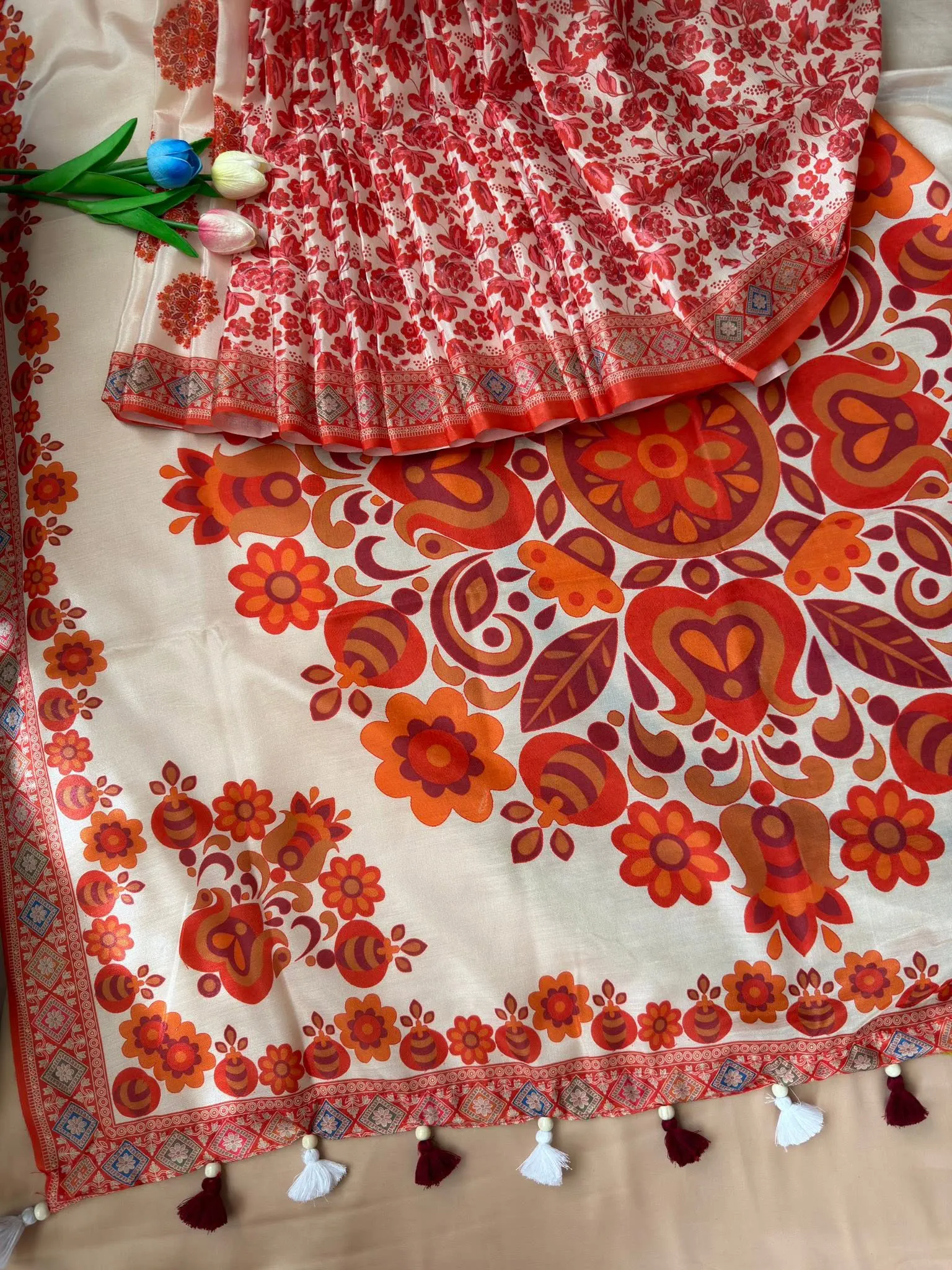 Ivory Floral Printed Saree with Traditional Red Border