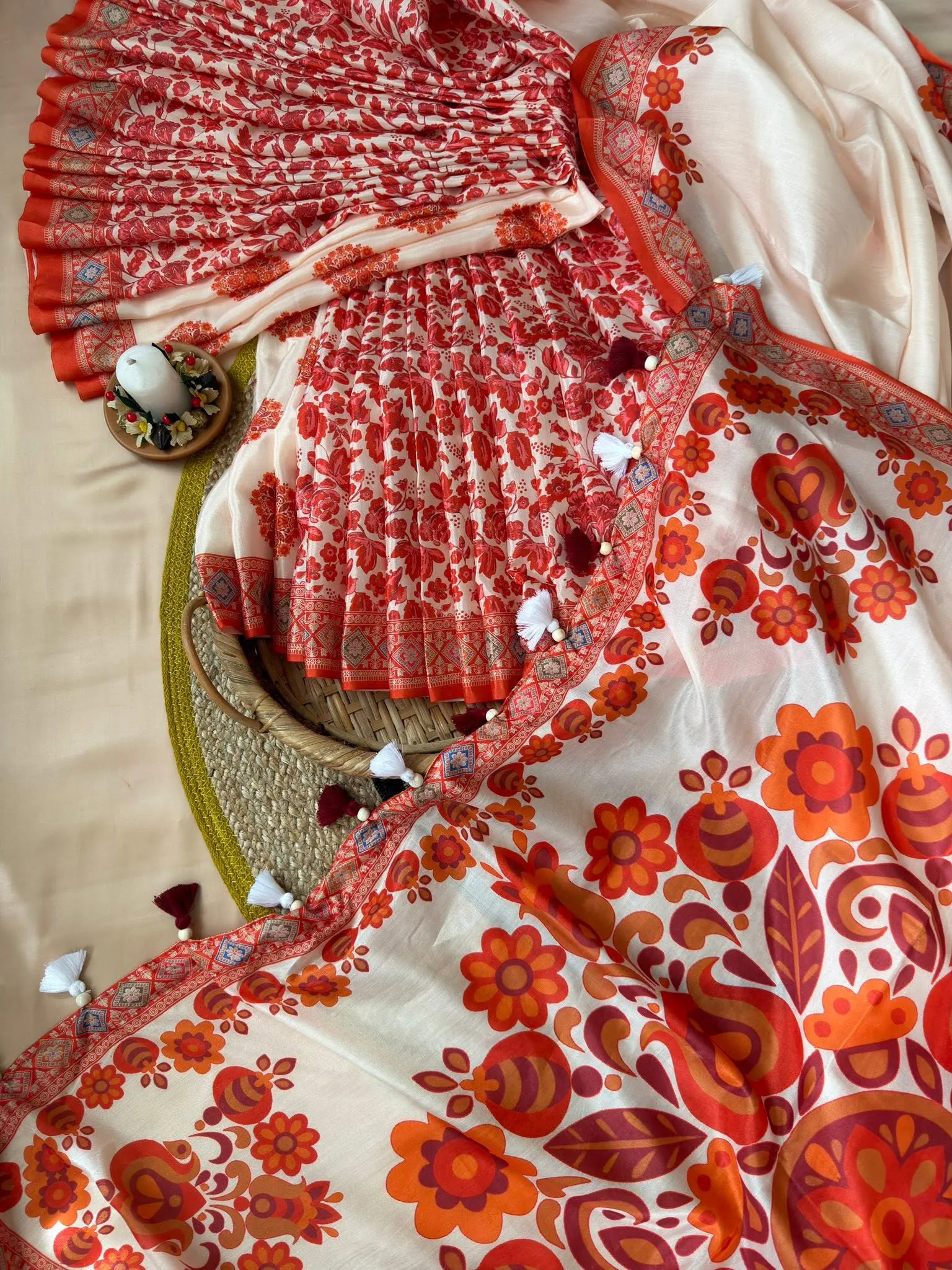 Ivory Floral Printed Saree with Traditional Red Border - Image 3