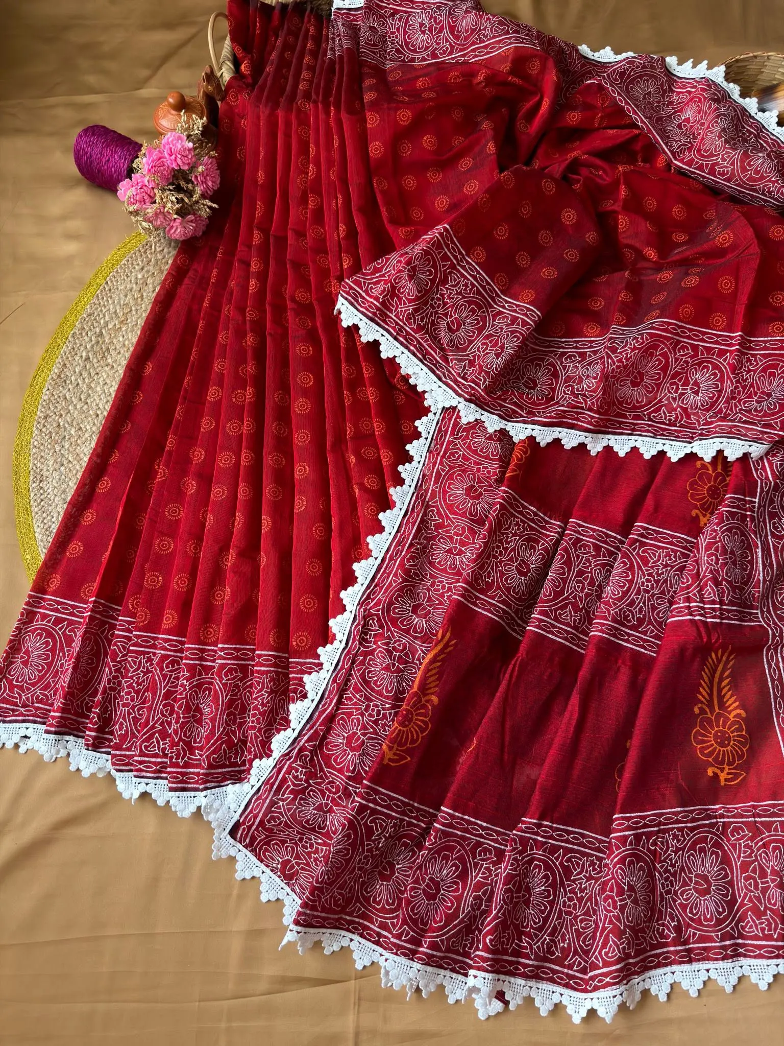 Deep Maroon Floral Border Saree