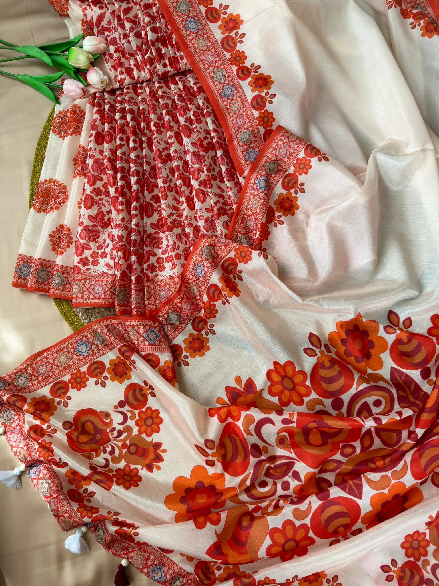 Ivory Floral Printed Saree with Traditional Red Border - Image 2