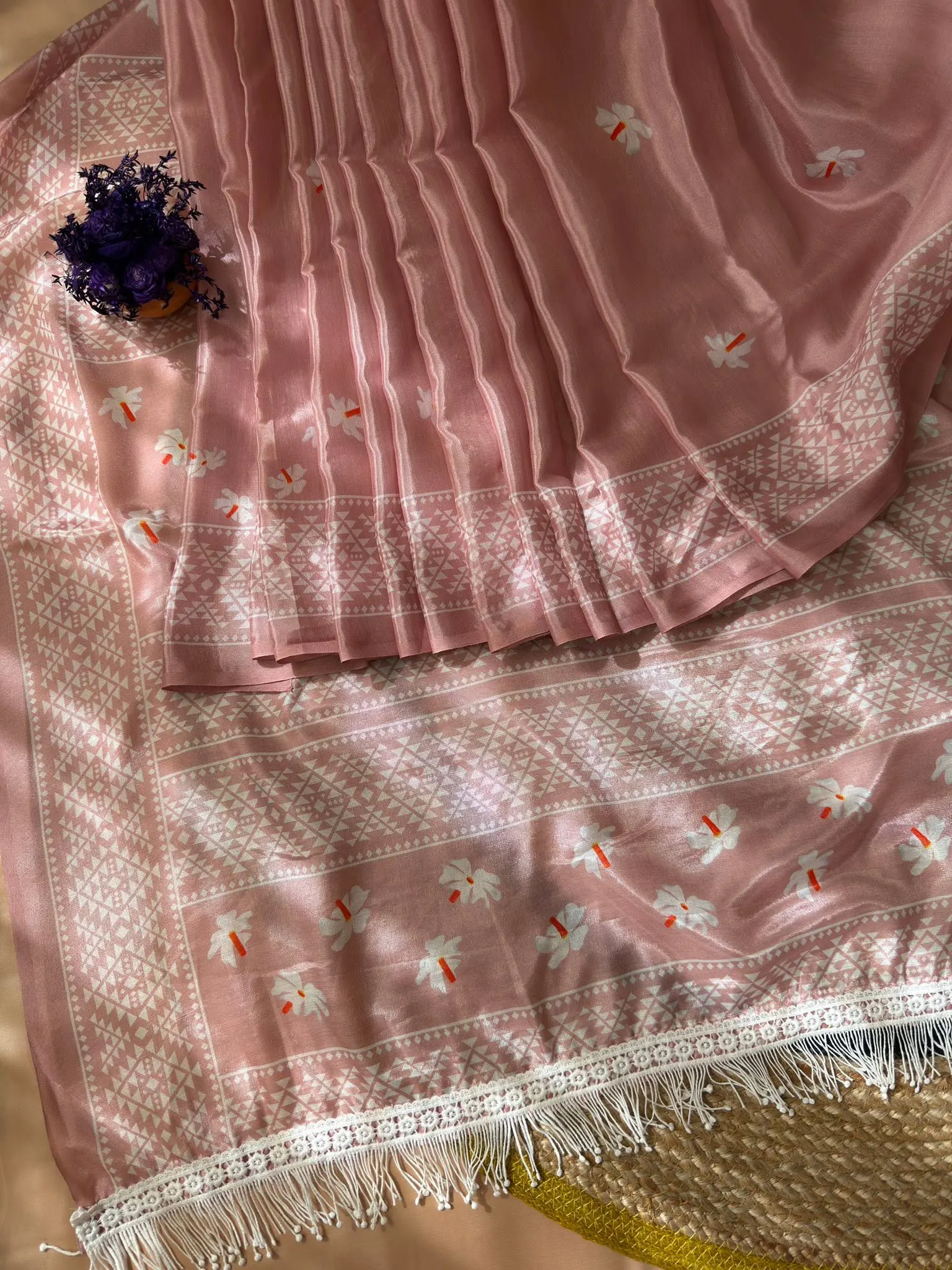 Dusty Pink Floral Motif Saree with Geometric Border - Image 3