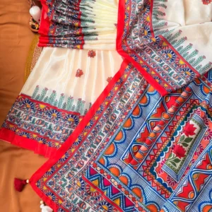 Ivory & Multicolor Folk Print Saree