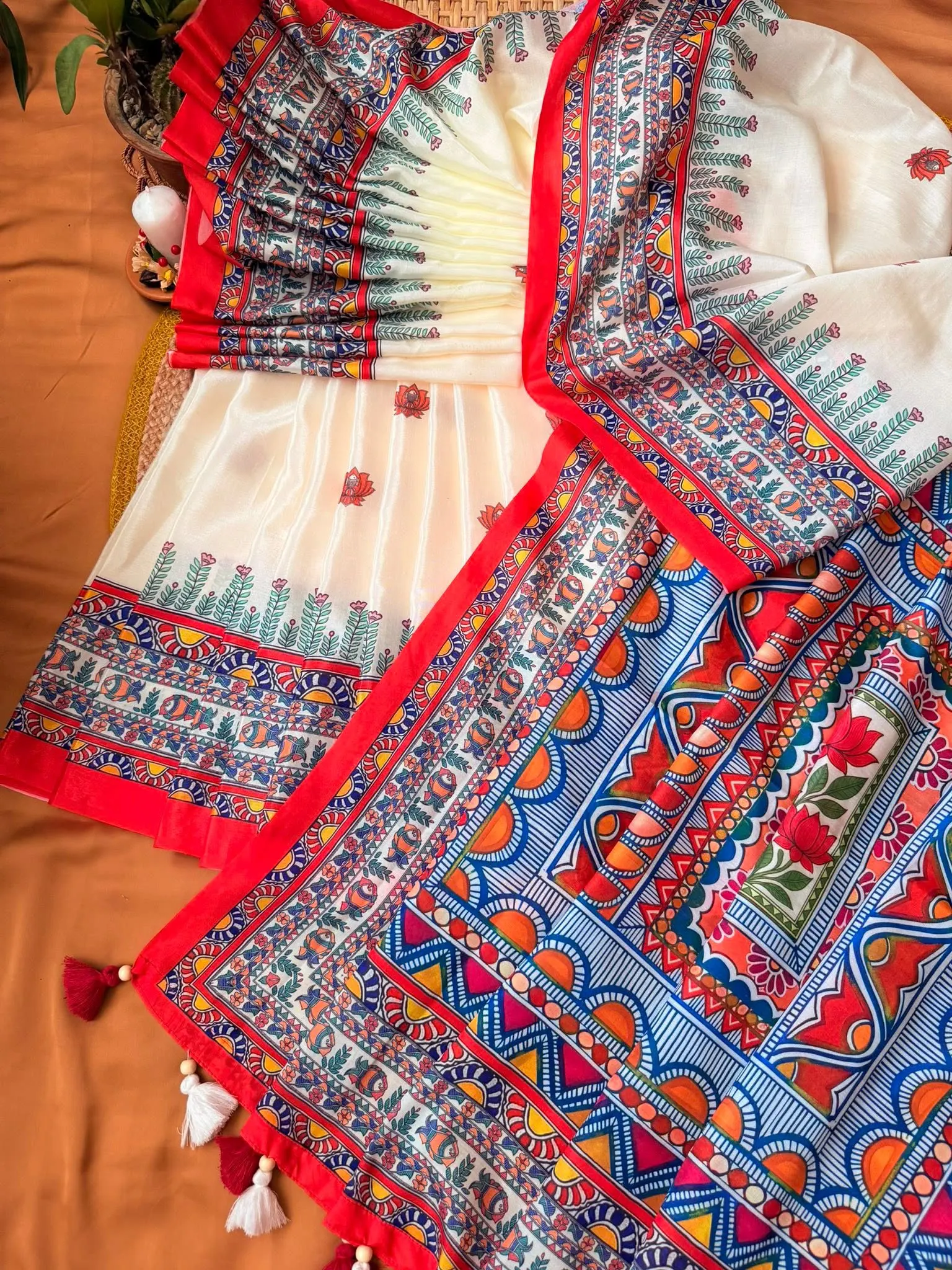 Ivory & Multicolor Folk Print Saree