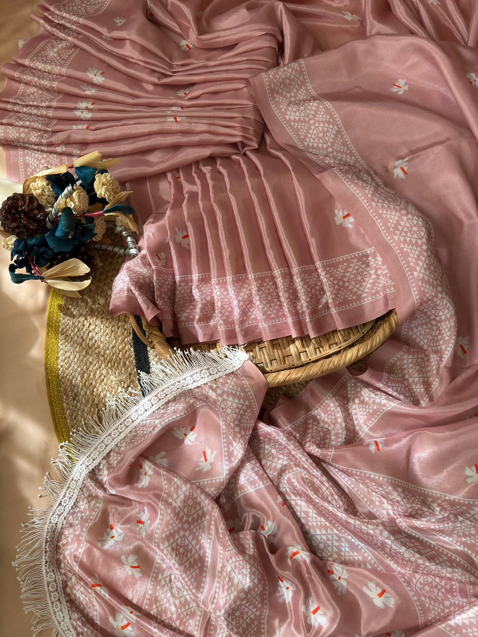 Dusty Pink Floral Motif Saree with Geometric Border