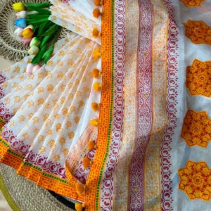 Ivory & Mustard Floral Border Saree
