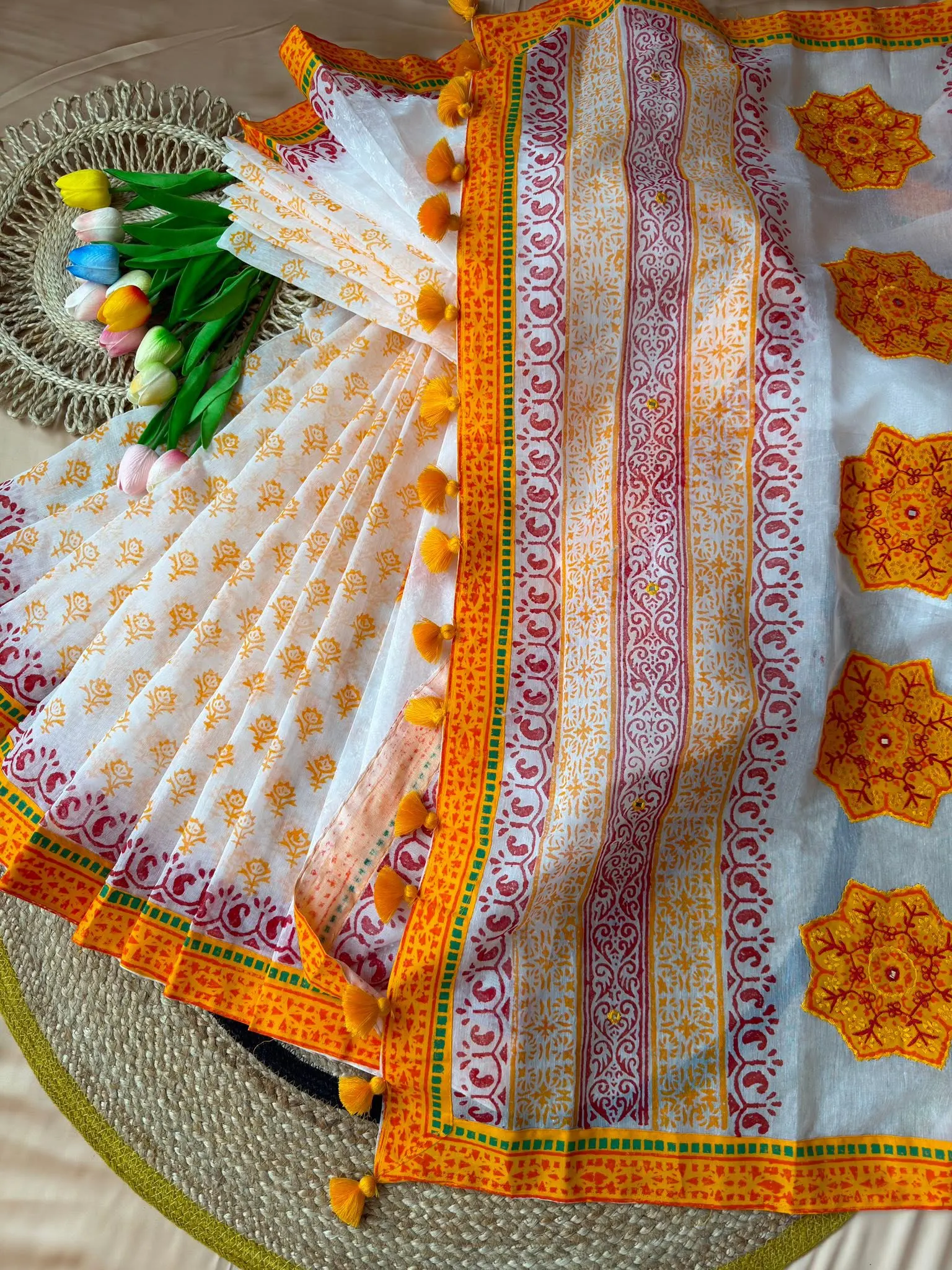 Ivory & Mustard Floral Border Saree