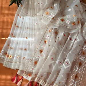 Ivory White Geometric Motif Saree with Red Tassels