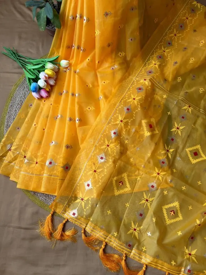 Golden Yellow Floral Embroidered Saree with Lace Border - Image 8