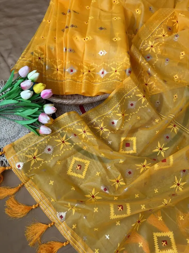 Golden Yellow Floral Embroidered Saree with Lace Border - Image 7