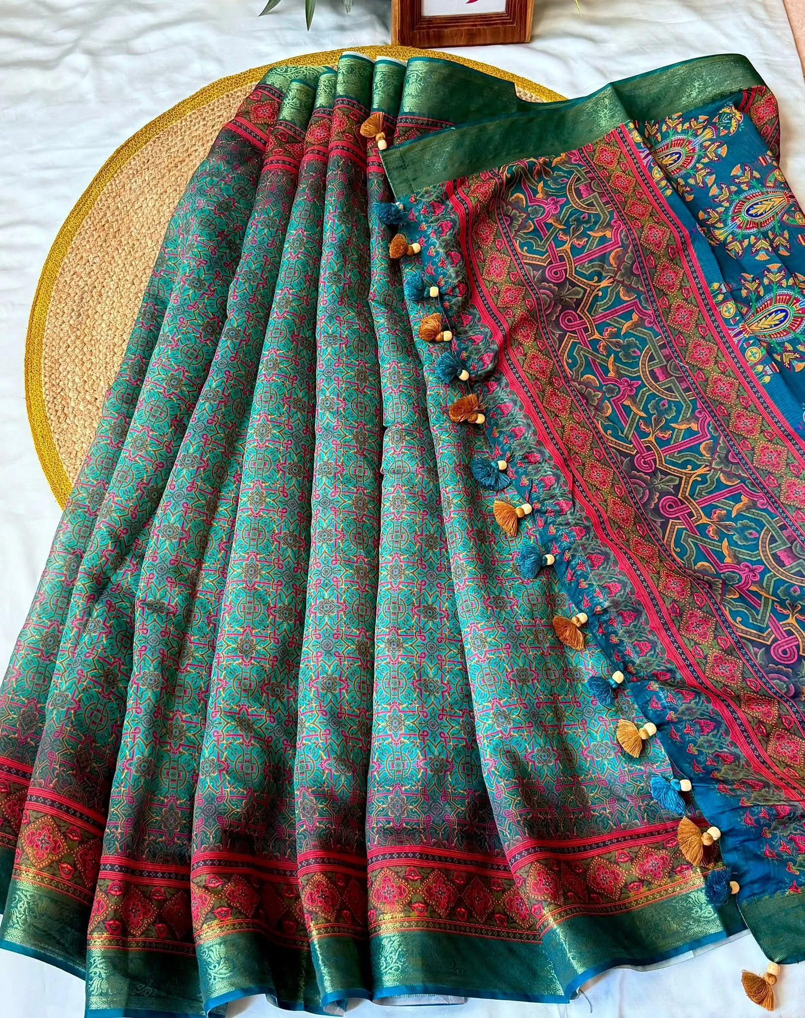 Teal Blue & Magenta Floral Heritage Saree - Image 6