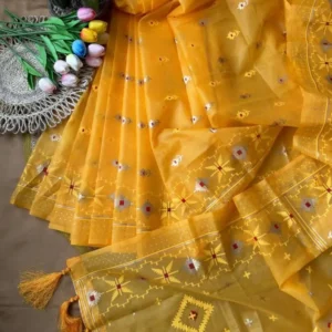 Golden Yellow Floral Embroidered Saree with Lace Border