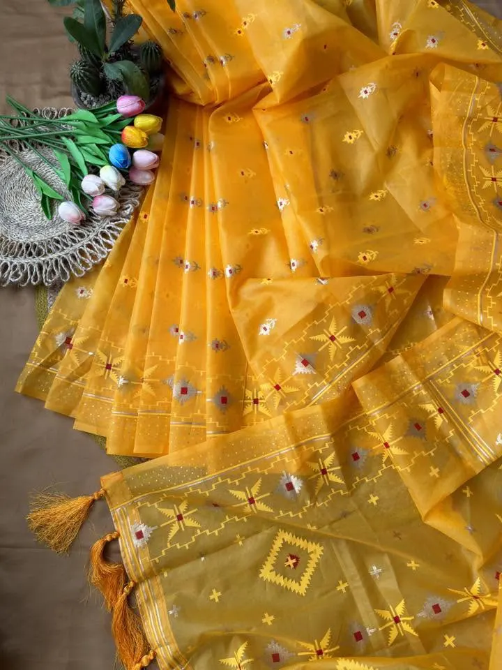 Golden Yellow Floral Embroidered Saree with Lace Border