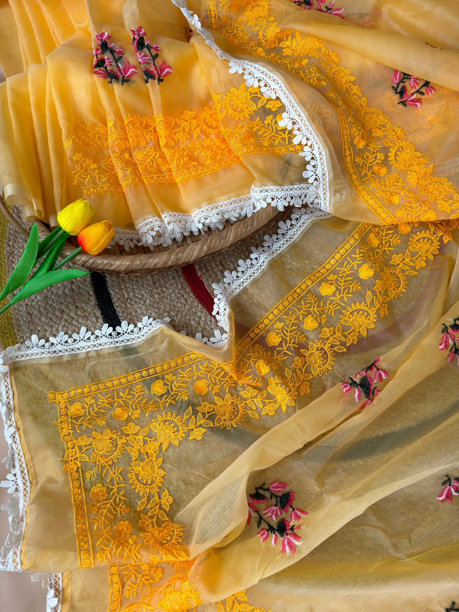 Golden Yellow Floral Embroidered Saree with Lace Border - Image 5