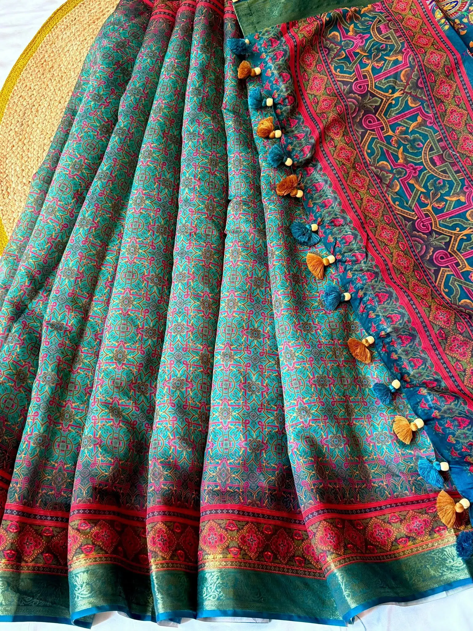 Teal Blue & Magenta Floral Heritage Saree - Image 4