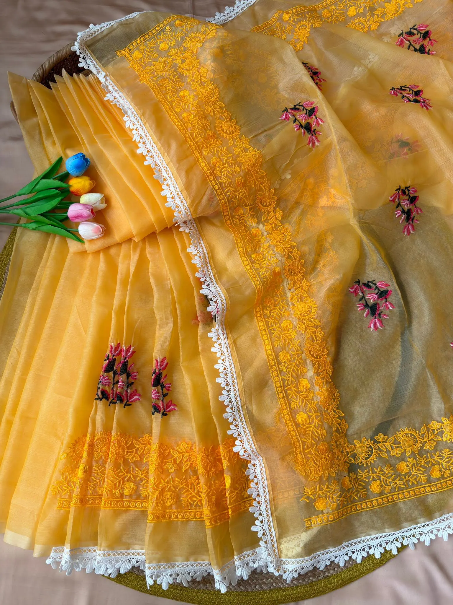 Golden Yellow Floral Embroidered Saree with Lace Border - Image 4