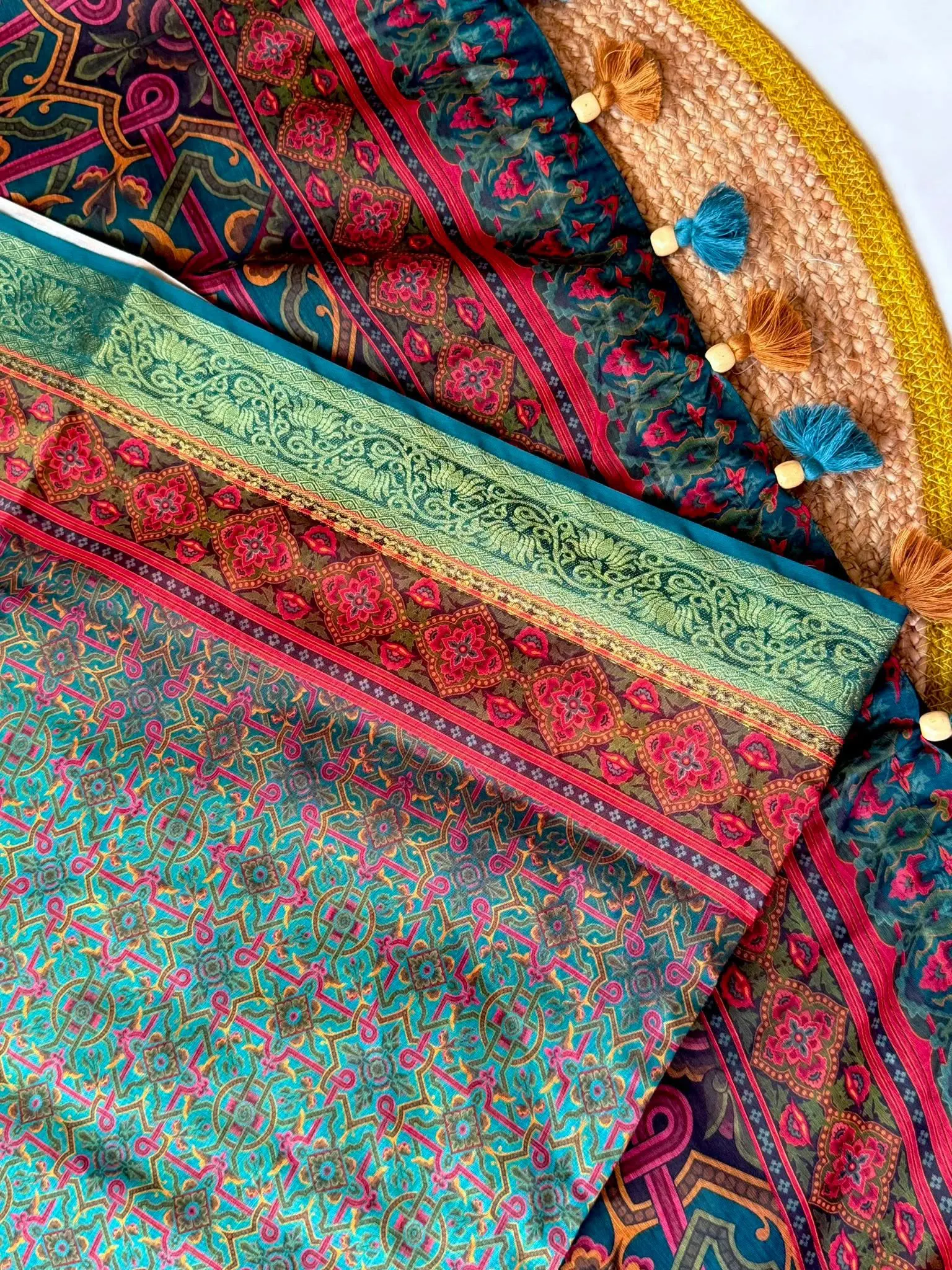 Teal Blue & Magenta Floral Heritage Saree - Image 3