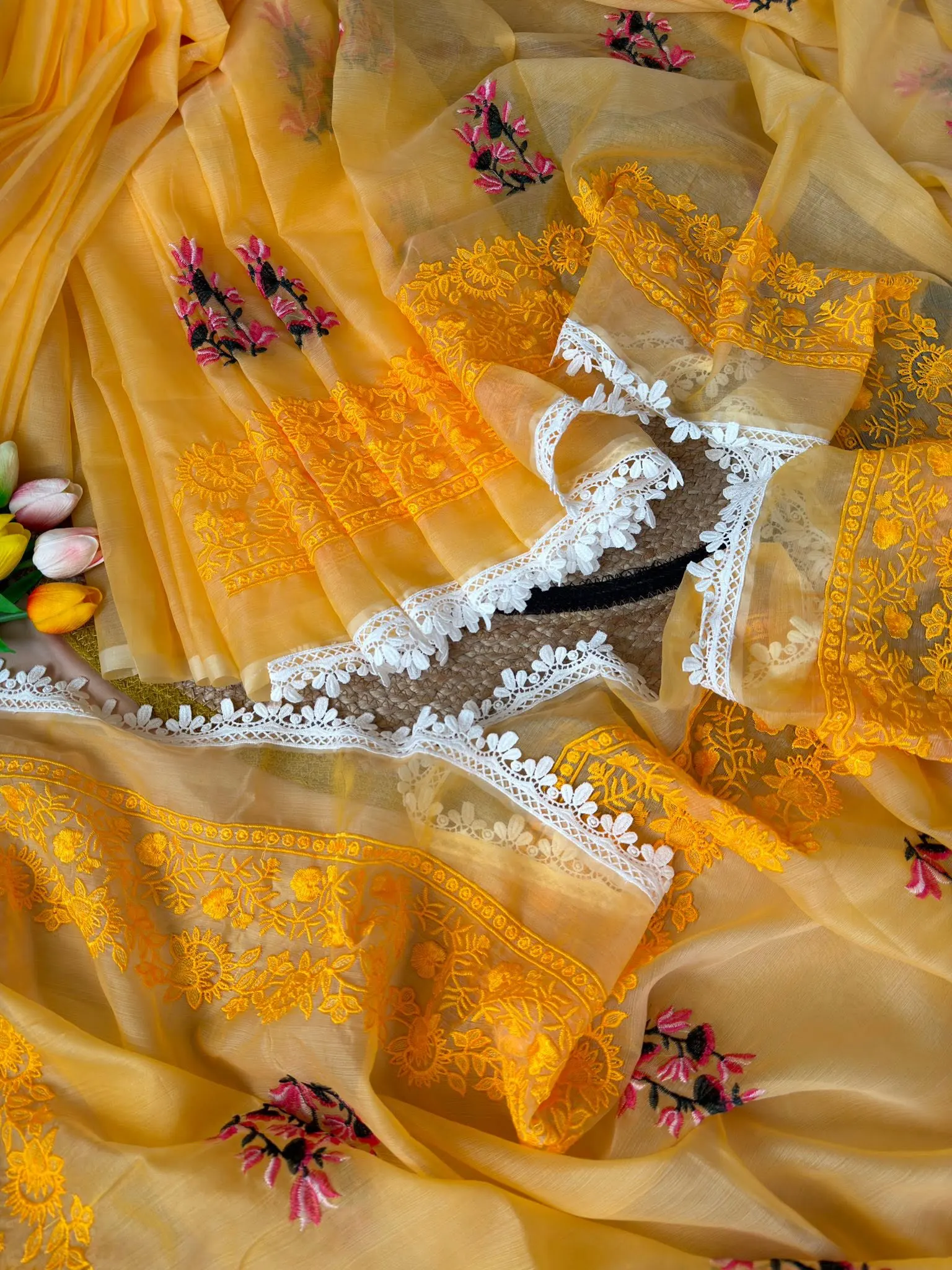 Golden Yellow Floral Embroidered Saree with Lace Border - Image 3